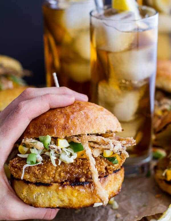 Sweet Tea Oven-Fried Chicken Sliders w- Jalapeño Cheddar Corn Slaw + Crispy Onions | halfbakedharvest.com