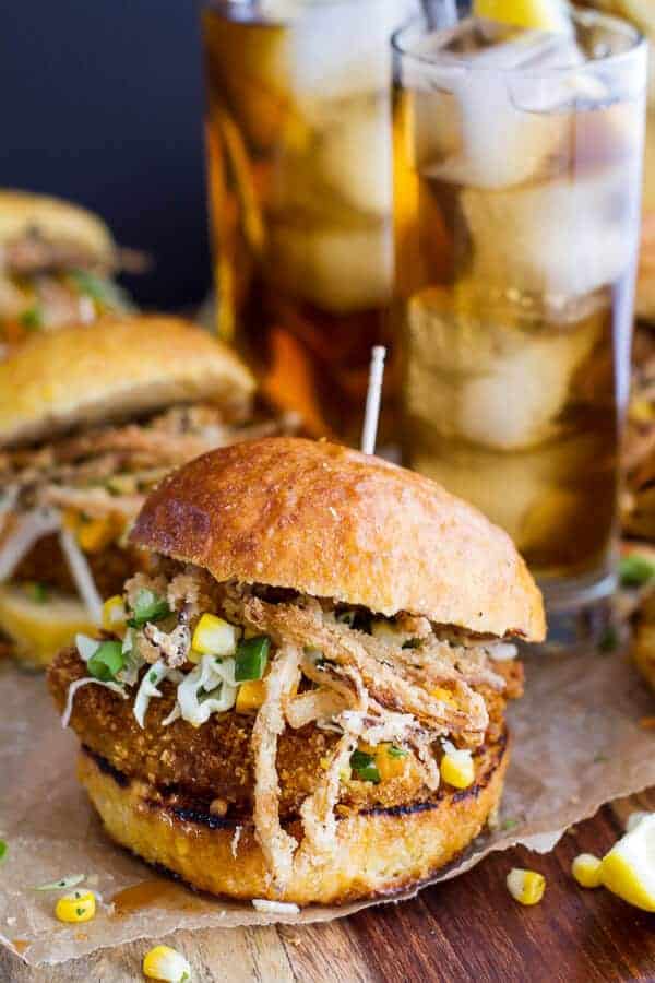 Sweet Tea Oven-Fried Chicken Sliders w- Jalapeño Cheddar Corn Slaw + Crispy Onions | halfbakedharvest.com
