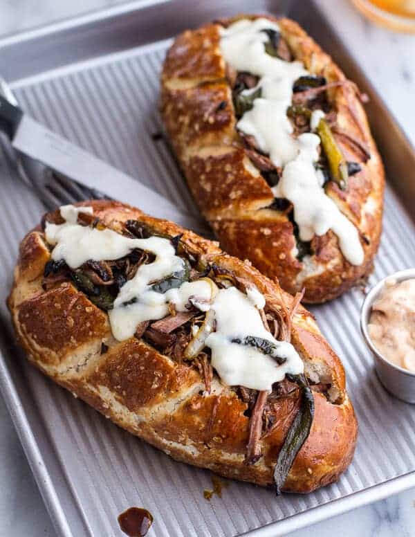 Cleveland Cheesesteaks with Pretzel Hoagie Rolls | halfbakedharvest.com