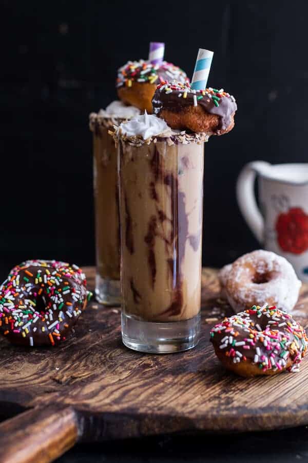 Coconut Iced Coffee...with Mini Chocolate Glazed Coffee Doughnuts | halfbakedharvest.com