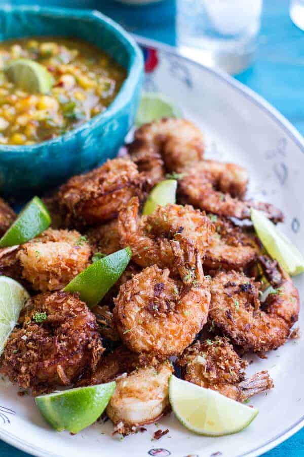 Coconut-Lime Fried Shrimp with Fiery Mango-Peach Jalapeño Sauce | halfbakedharvest.com