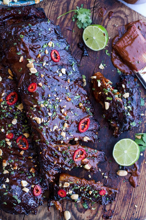 Extra Sticky Thai BBQ Ribs w-Peanut BBQ Sauce + Sweet Thai Ginger Slaw | halfbakedharvest.com