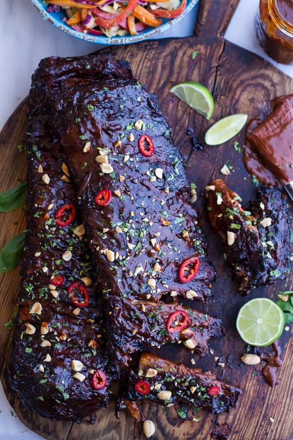 Extra Sticky Thai BBQ Ribs w-Peanut BBQ Sauce + Sweet Thai Ginger Slaw | halfbakedharvest.com