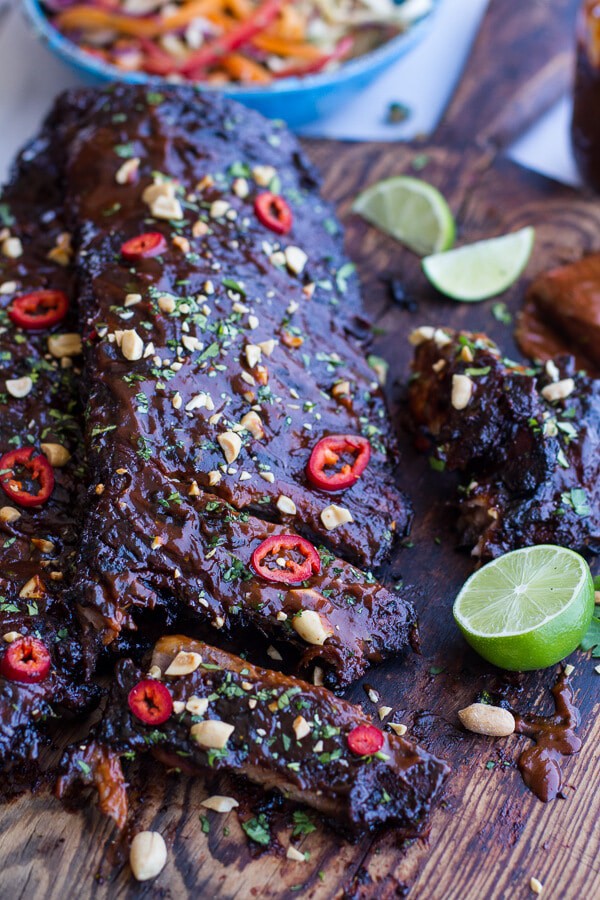 Extra Sticky Thai BBQ Ribs w-Peanut BBQ Sauce + Sweet Thai Ginger Slaw | halfbakedharvest.com