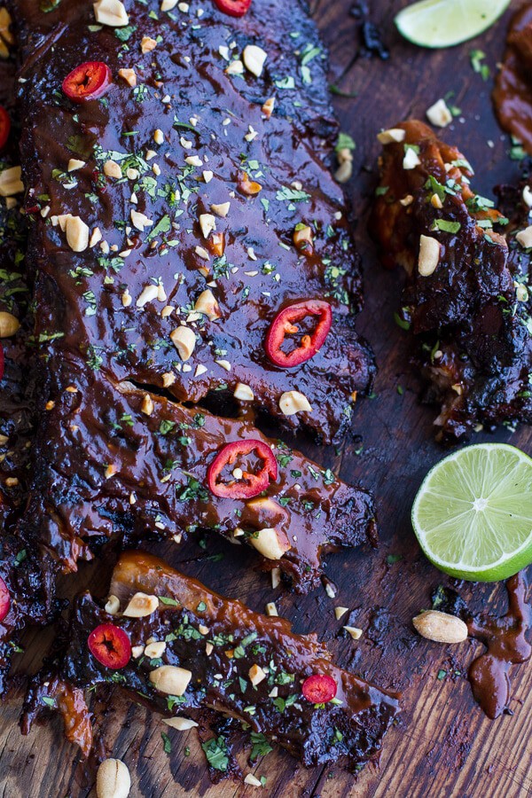 Extra Sticky Thai BBQ Ribs w-Peanut BBQ Sauce + Sweet Thai Ginger Slaw | halfbakedharvest.com