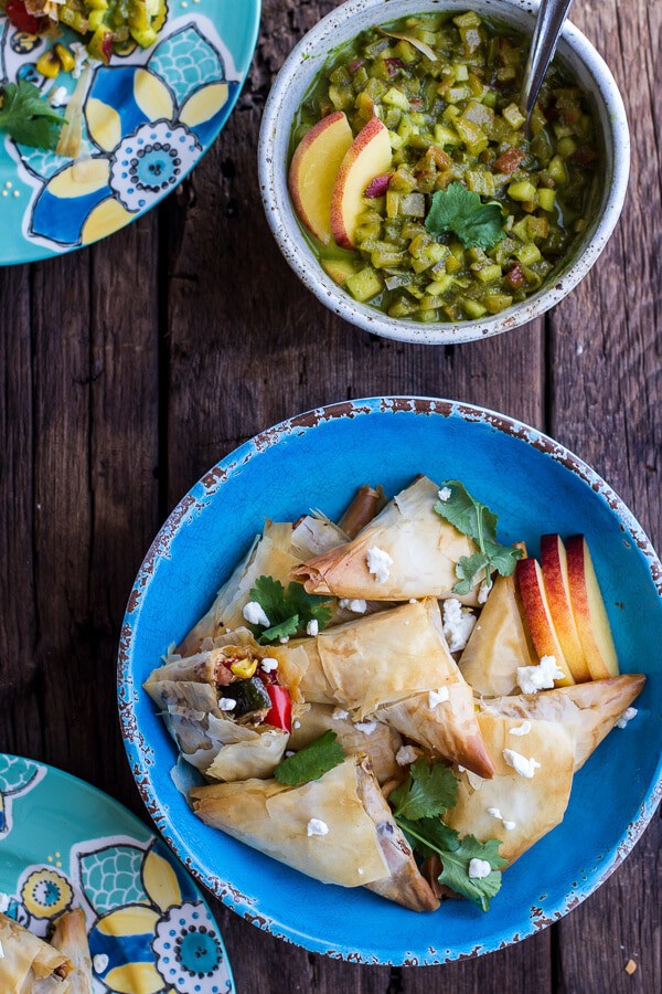 Garden Veggie and Goat Cheese Samosas with Sweet Peach and Basil Chutney | halfbakedharvest.com