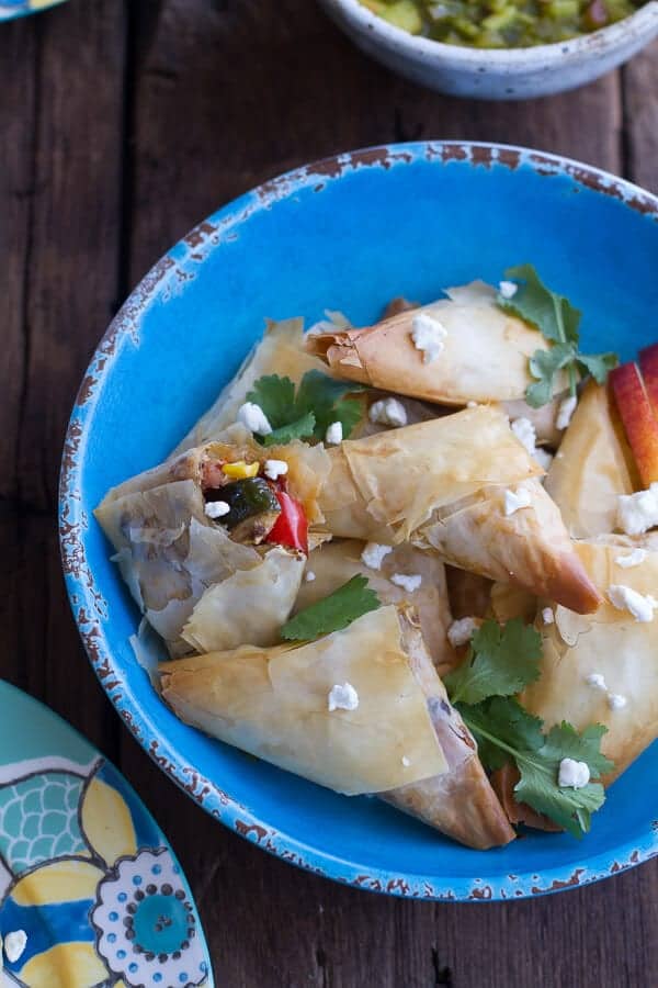 Garden Veggie and Goat Cheese Samosas with Sweet Peach and Basil Chutney | halfbakedharvest.com
