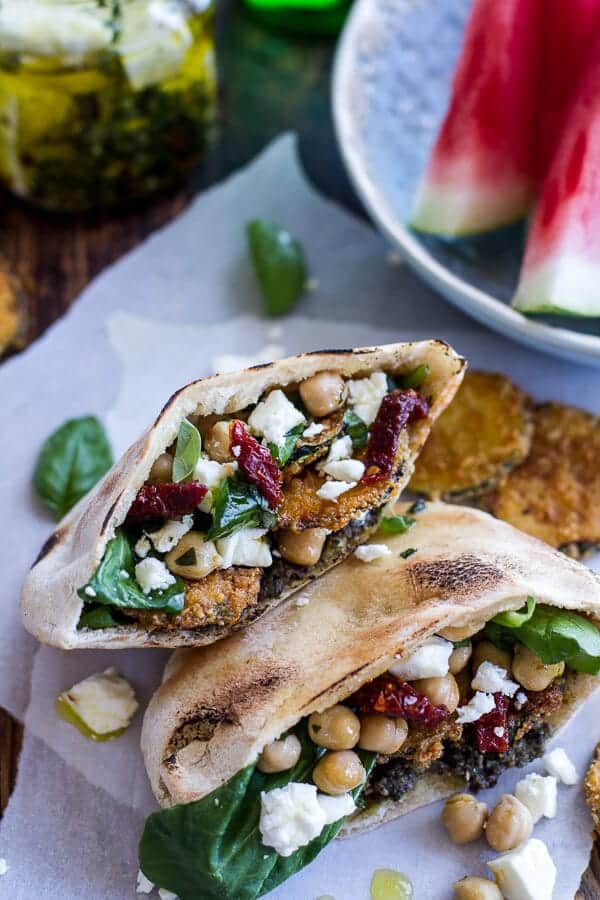 Greek Olive Pesto and Fried Zucchini Grilled Pitas w/Marinated Feta + Garbanzo Beans | halfbakedharvest.com