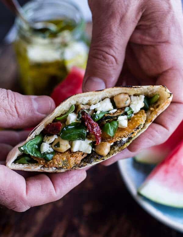 Greek Olive Pesto and Fried Zucchini Grilled Pitas w/Marinated Feta + Garbanzo Beans | halfbakedharvest.com
