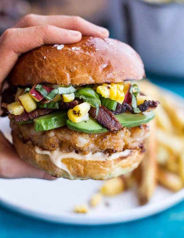 Lobster Burgers w/Browned Butter Lemon Aioli + Basil Corn Salsa, Bacon ‘n’ Avocado | halfbakedharvest.com