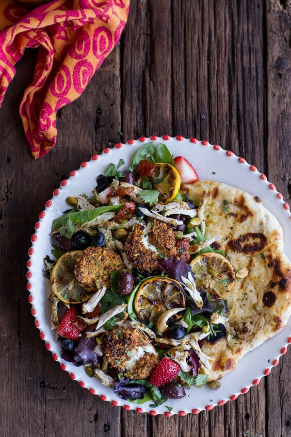 Moroccan Chicken Salad with Pistachio Crusted Fried Goat Cheese + Garlic Naan | halfbakedharvest.com