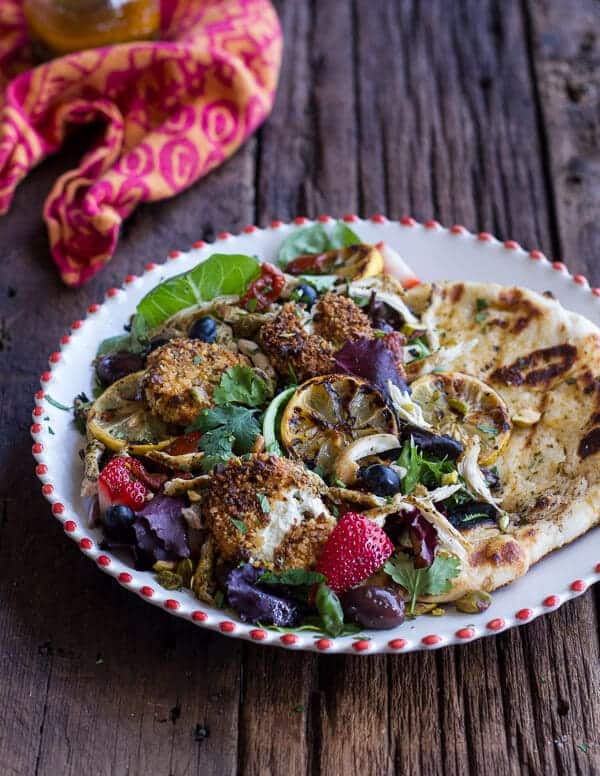 Moroccan Chicken Salad with Pistachio Crusted Fried Goat Cheese + Garlic Naan | halfbakedharvest.com