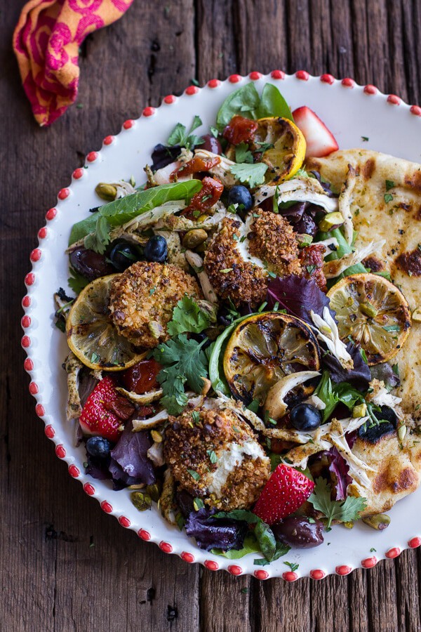 Moroccan Chicken Salad with Pistachio Crusted Fried Goat Cheese + Garlic Naan | halfbakedharvest.com