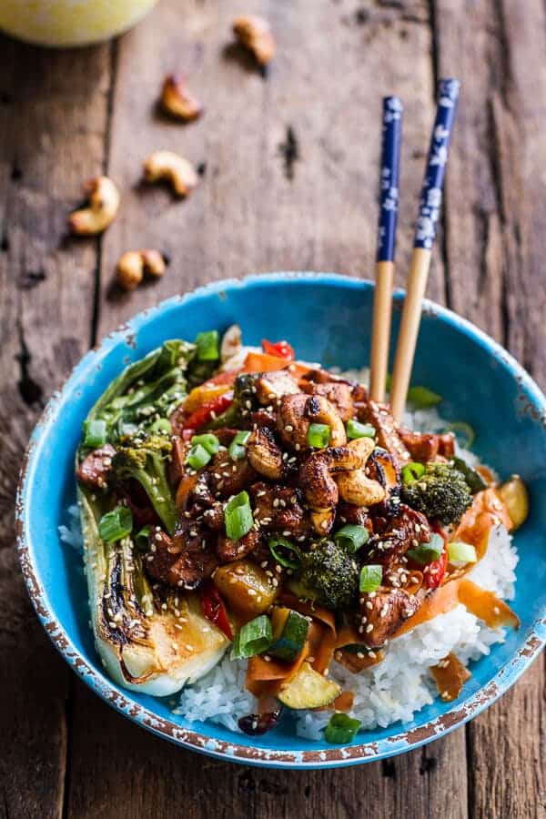 Quick Honey Ginger Pineapple and Summer Veggie Chicken Stir Fry with Caramelized Cashews | halfbakedharvest.com