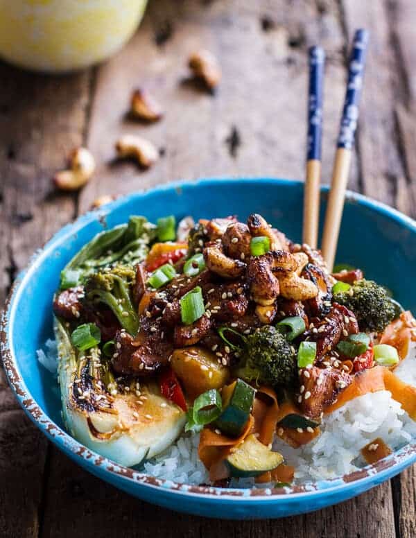 Quick Honey Ginger Pineapple and Summer Veggie Chicken Stir Fry with Caramelized Cashews | halfbakedharvest.com
