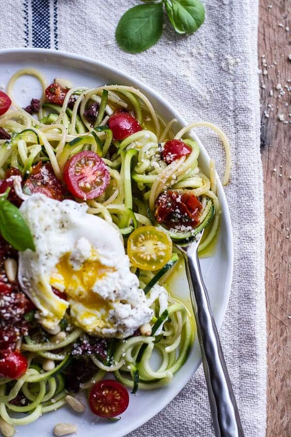 15-Minute Zucchini Pasta w- Poached eggs and Quick Heirloom Cherry Tomato Basil Sauce | halfbakedharvest.com