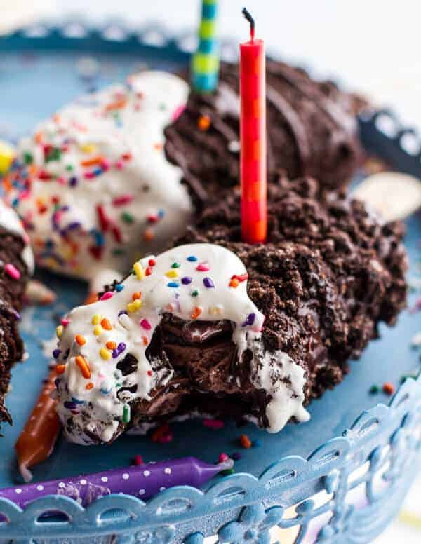 5-Ingredient Caramel Double Chocolate Birthday Ice Cream Cake Bars on a Stick | halfbakedharvest.com