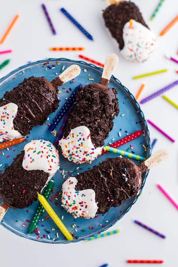 5-Ingredient Caramel Double Chocolate Birthday Ice Cream Cake Bars on a Stick | halfbakedharvest.com