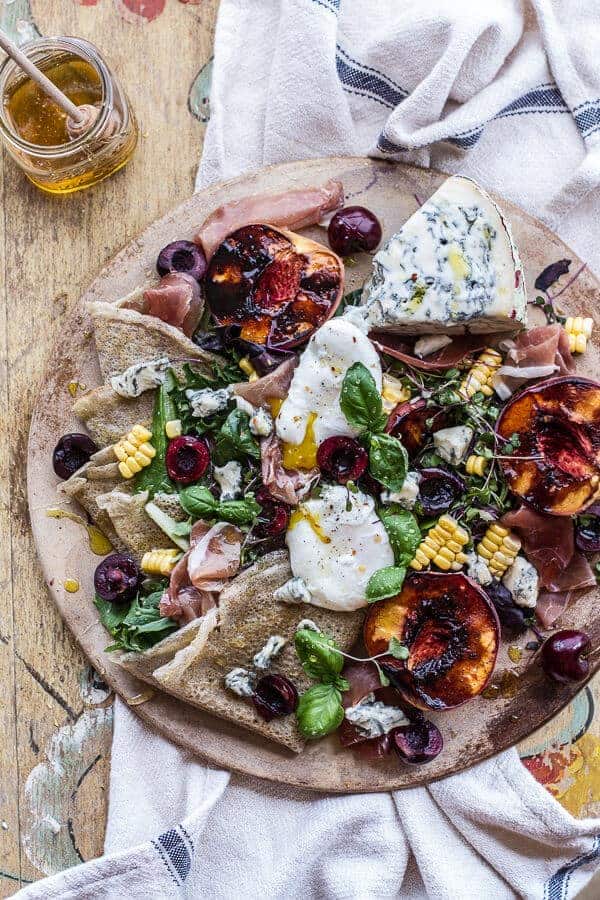 Caramelized Peach + Cherry, Prosciutto and Gorgonzola Salad w/Buckwheat Crêpes | halfbakedharvest.com