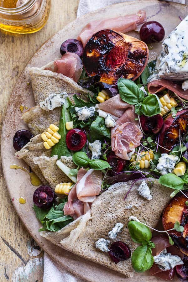 Caramelized Peach + Cherry, Prosciutto and Gorgonzola Salad w/Buckwheat Crêpes | halfbakedharvest.com