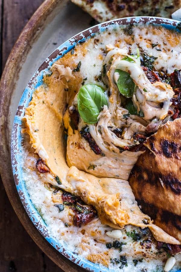 Cheesy Margarita Pizza Hummus with Grilled Pesto Pizza Bread | halfbakedharvest.com