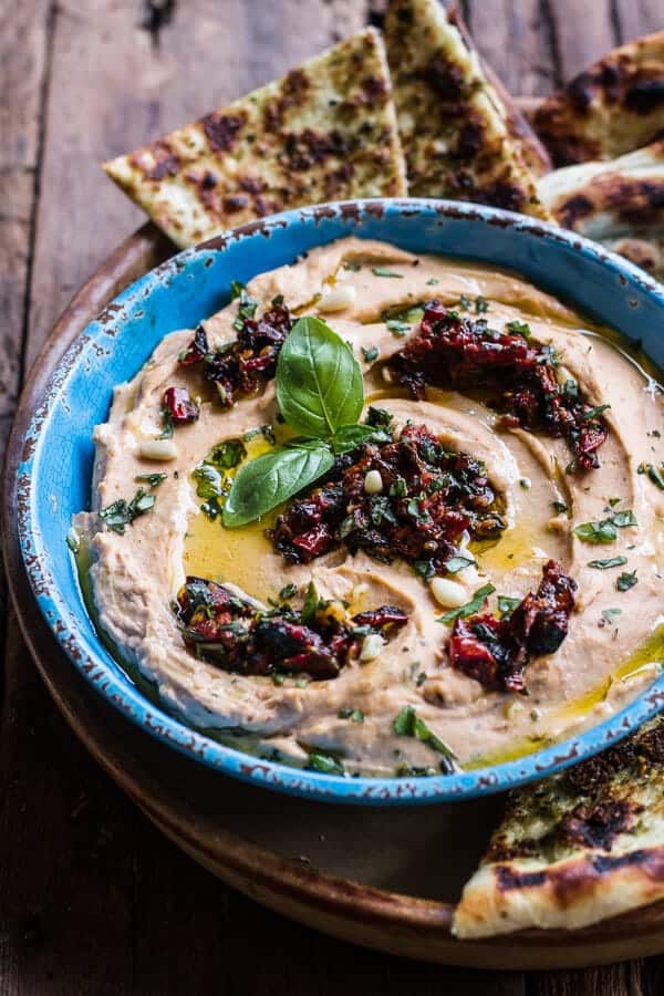 Cheesy Margarita Pizza Hummus with Grilled Pesto Pizza Bread | halfbakedharvest.com