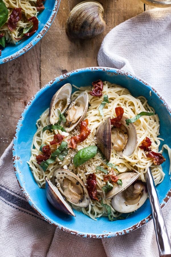Fresh Clam Pasta with Creamy White Basil Sauce + Crispy Prosciutto | halfbakedharvest.com