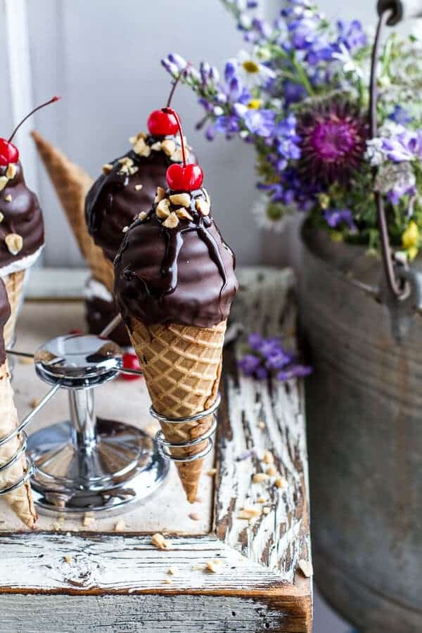 Hot Fudge Brownie and Double Scooped Ice Cream Sundae High Hat Cupcakes...in a Cone! | halfbakedharvest.com
