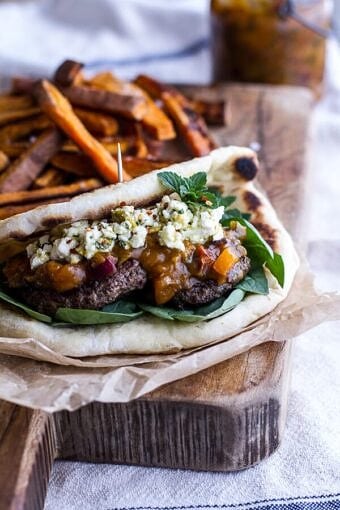 Moroccan Spiced Lamb Burgers with Apricot Chutney + Pistachio Feta Pesto | halfbakedharvest.com @hbharvest