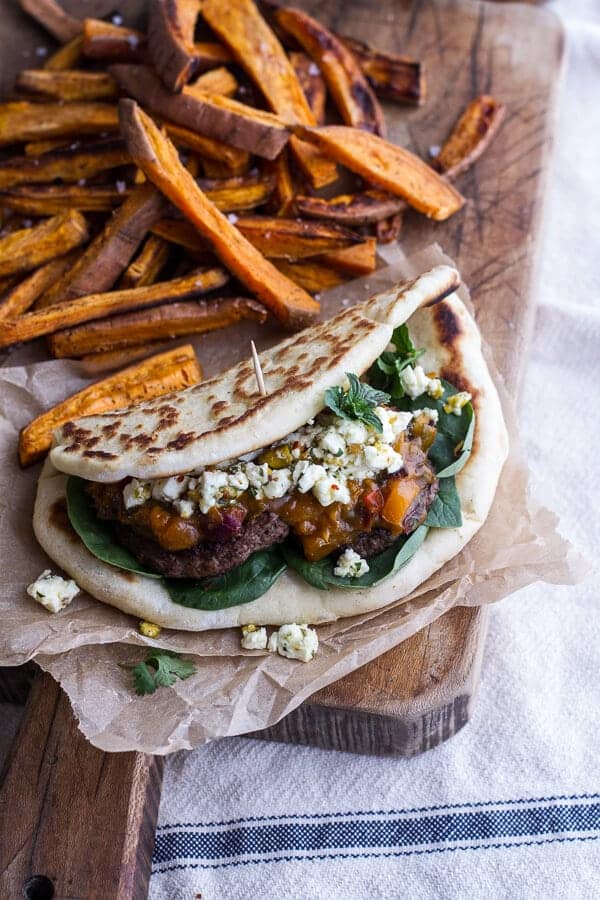 Moroccan Spiced Lamb Burgers with Apricot Chutney + Pistachio Feta Pesto | halfbakedharvest.com