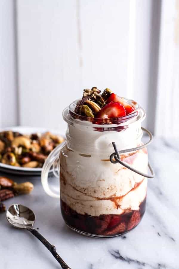 Sweet Balsamic Strawberries w-Whipped Ricotta Cream and Maple Glazed Seeded Nuts | halfbakedharvest.com
