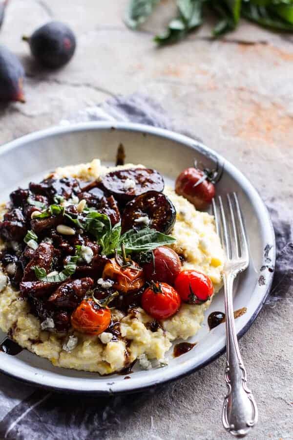 Balsamic Fig Glazed Pork w-Blistered Cherry Tomatoes and Creamy Gorgonzola Polenta | halfbakedharvest.com @hbharvest