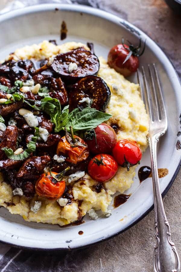 Balsamic Fig Glazed Pork w-Blistered Cherry Tomatoes and Creamy Gorgonzola Polenta | halfbakedharvest.com @hbharvest