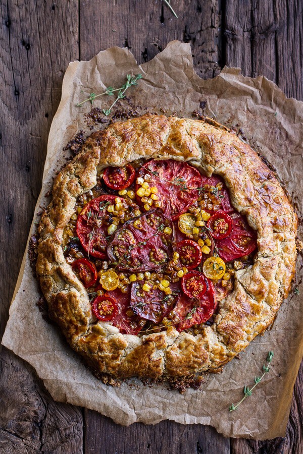 Caramelized Corn and Heirloom Tomato Galette w-Herbed Roasted Garlic Goat Cheese | halfbakedharvest.com @hbharvest