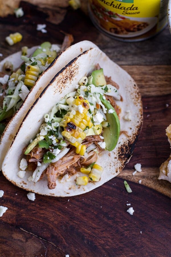 Crockpot Enchilada Pork Tacos w/Sweet Corn Slaw | halfbakedharvest.com @hbharvest