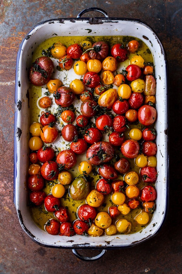 Garlic and Herb Roasted Cherry Tomato Carbonara w-Crispy Prosciutto + Burrata | halfbakedharvest.com @hbharvest