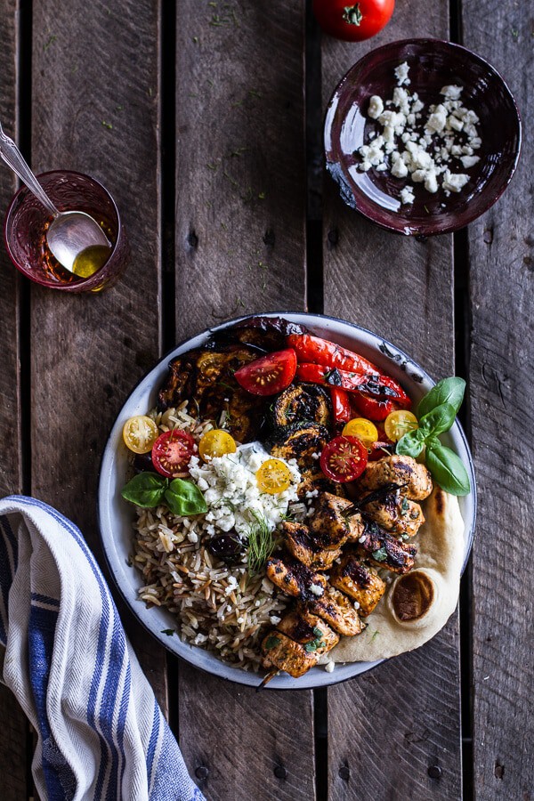 Greek Chicken Souvlaki and Rice Pilaf Plates w-Marinated Veggies + Feta Tzatziki | halfbakedharvest.com @hbharvest