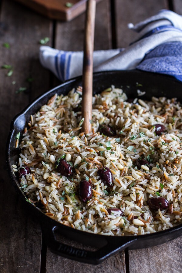 Greek Chicken Souvlaki and Rice Pilaf Plates w-Marinated Veggies + Feta Tzatziki | halfbakedharvest.com @hbharvest