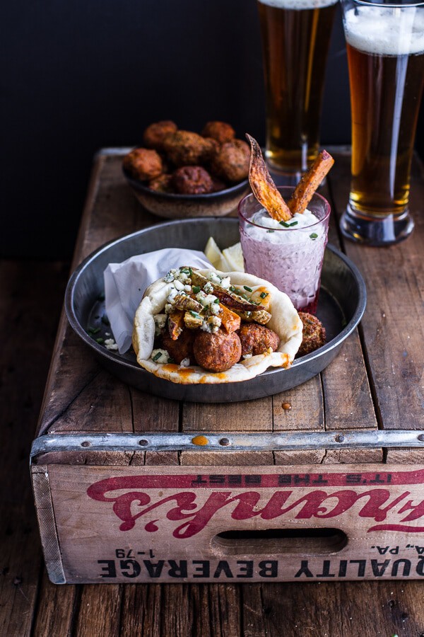 Buffalo Falafel Pitas w-Garlic Blue Cheese Fries + Ranch Style Tzatziki | halfbakedharvest.com @hbharvest