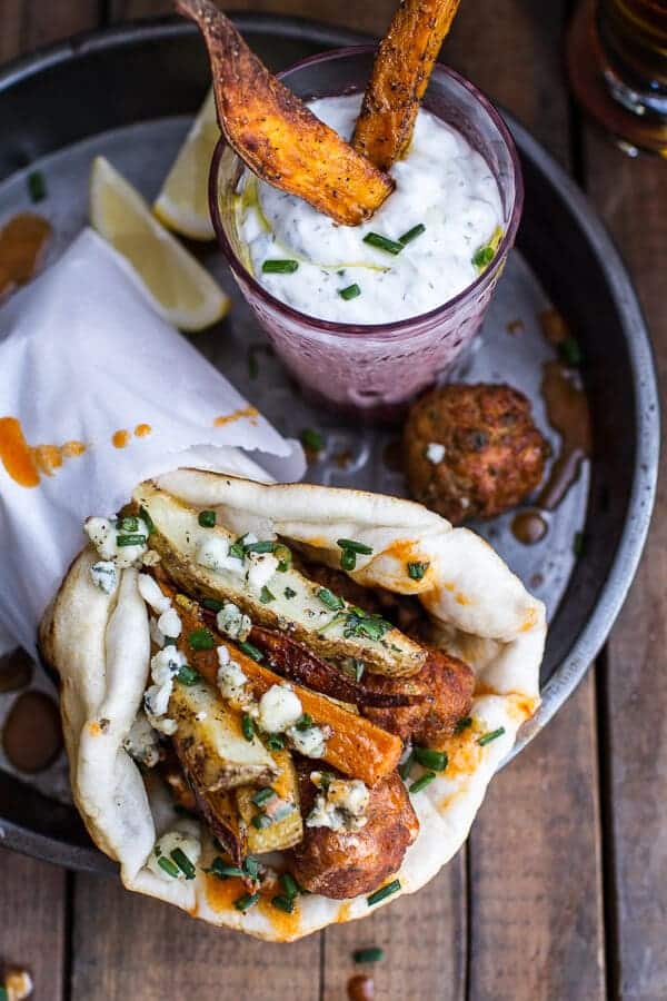 Buffalo Falafel Pitas w-Garlic Blue Cheese Fries + Ranch Style Tzatziki | halfbakedharvest.com @hbharvest