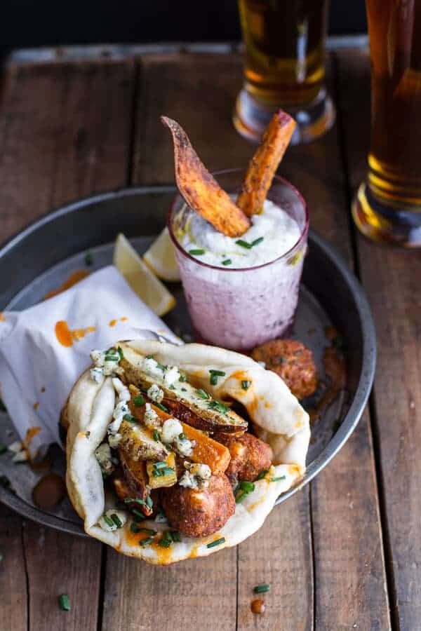 Buffalo Falafel Pitas w-Garlic Blue Cheese Fries + Ranch Style Tzatziki | halfbakedharvest.com @hbharvest