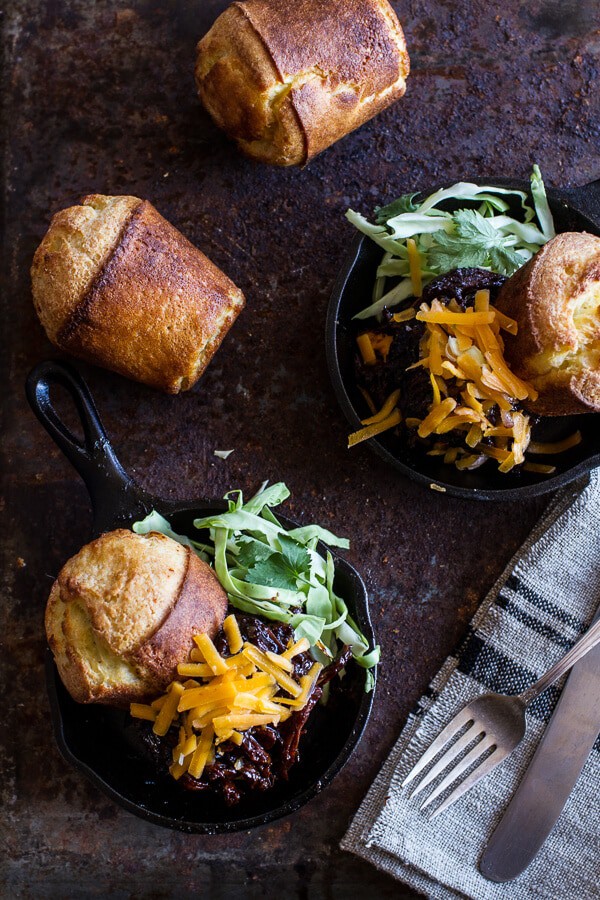 Crockpot BBQ Beer Pulled Chicken with Cheddar Corn Popovers | halfbakedharvest.com @hbharvest