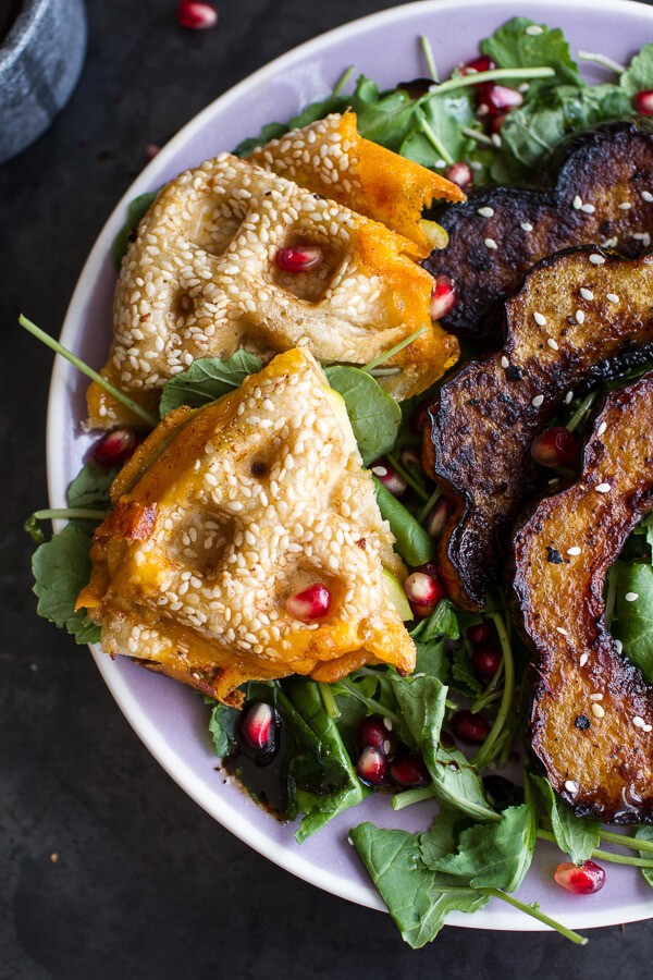 Miso Roasted Acorn Squash + Pomegranate Salad w/Waffled Cheddar Apple Tahini Grilled Cheese Triangles | halfbakedharvest.com @hbharvest