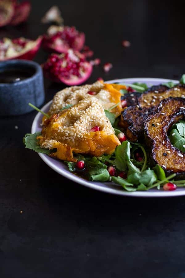 Miso Roasted Acorn Squash + Pomegranate Salad w/Waffled Cheddar Apple Tahini Grilled Cheese Triangles | halfbakedharvest.com @hbharvest