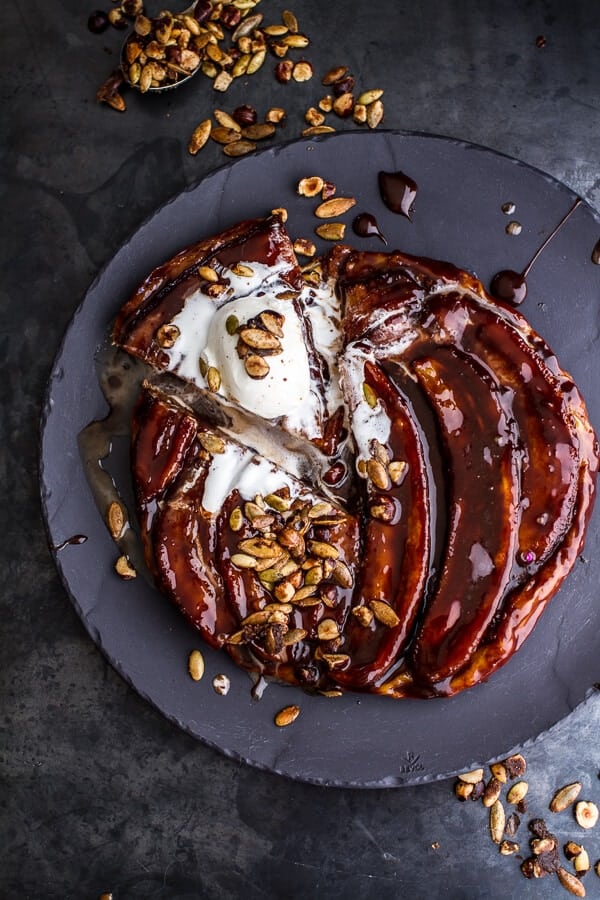 Nutella Banana Tarte Tatin with Cinnamon Sugar Roasted Pumpkin Seed and Hazelnut Crunch | halfbakedharvest.com @hbharvest