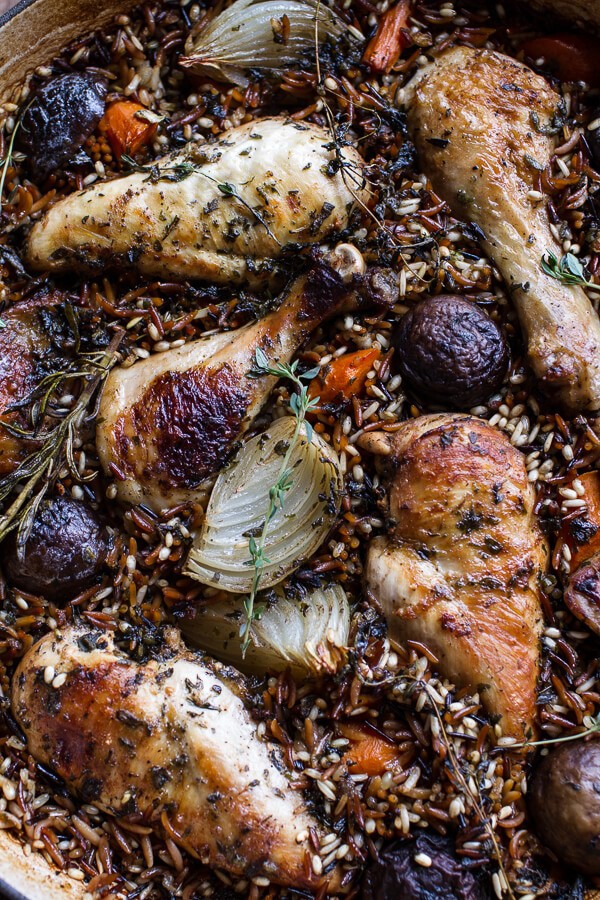 One-Pot Autumn Herb Roasted Chicken with Butter Toasted Wild Rice Pilaf |halfbakedharvest.com @hbharvest