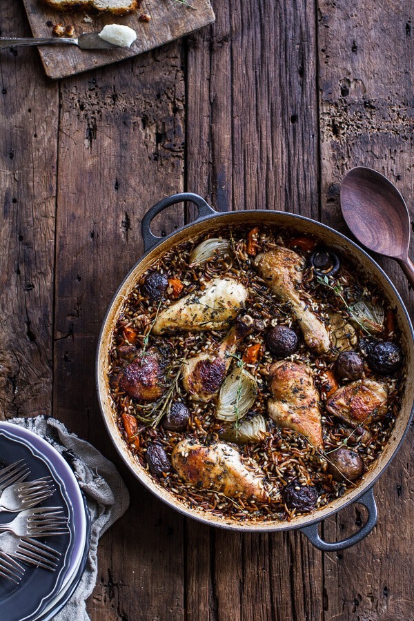 One-Pot Autumn Herb Roasted Chicken with Butter Toasted Wild Rice Pilaf |halfbakedharvest.com @hbharvest