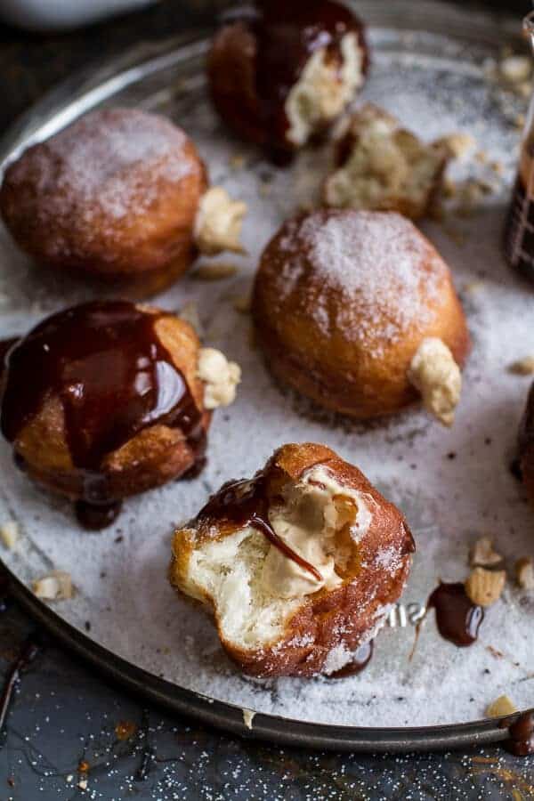 Peanut Butter Cheesecake Doughnuts with Salted Chocolate Bourbon Caramel | halfbakedharvest.com @hbharvest
