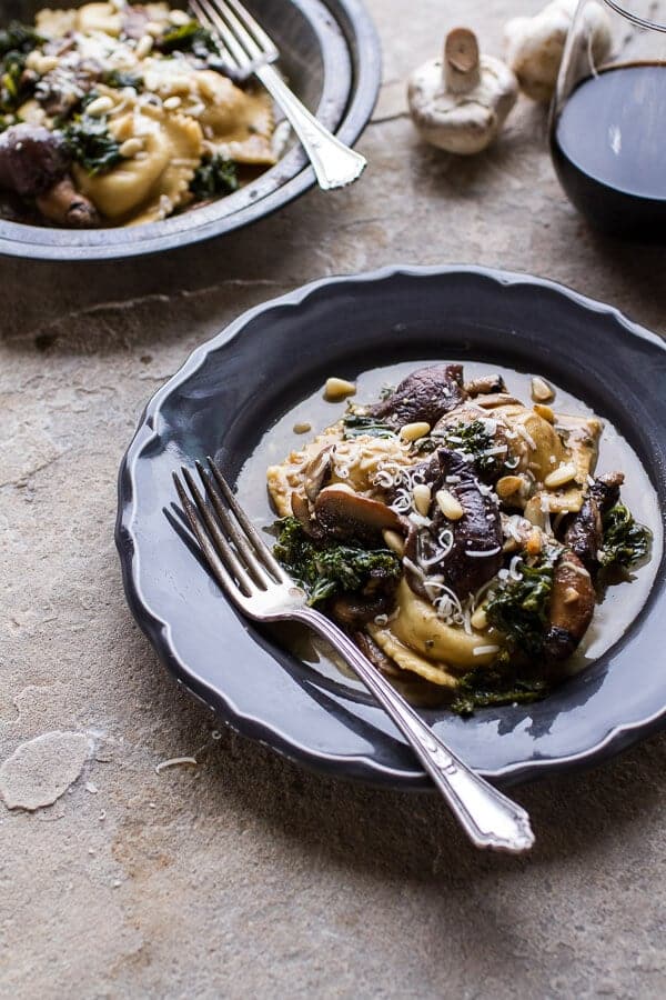 Taleggio Ravioli with Garlicy Butter Kale and Mushroom Sauce + Toasted Pine Nuts | halfbakedharvest.com @hbharvest