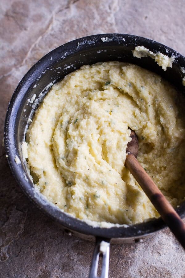Cheesy Fried Polenta w-Pan Roasted Balsamic Brussels Sprouts + Roasted Garlic Sage Oil | halfbakedharvest.com @hbharvest